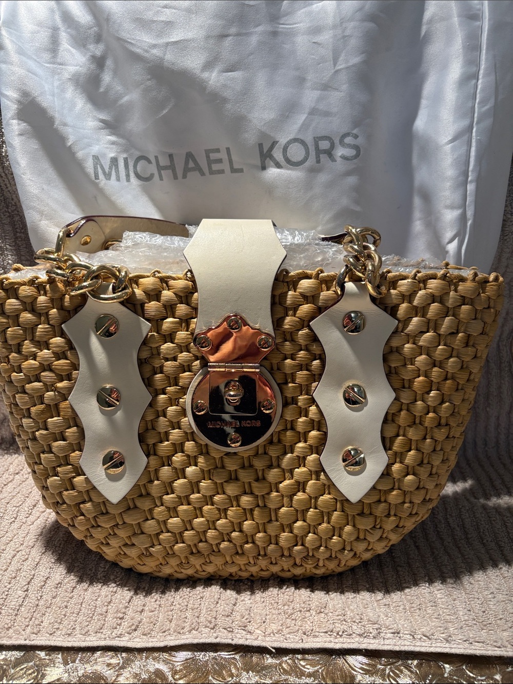 Michael Kors Natural Straw Tote with White Trim and Gold Hardware